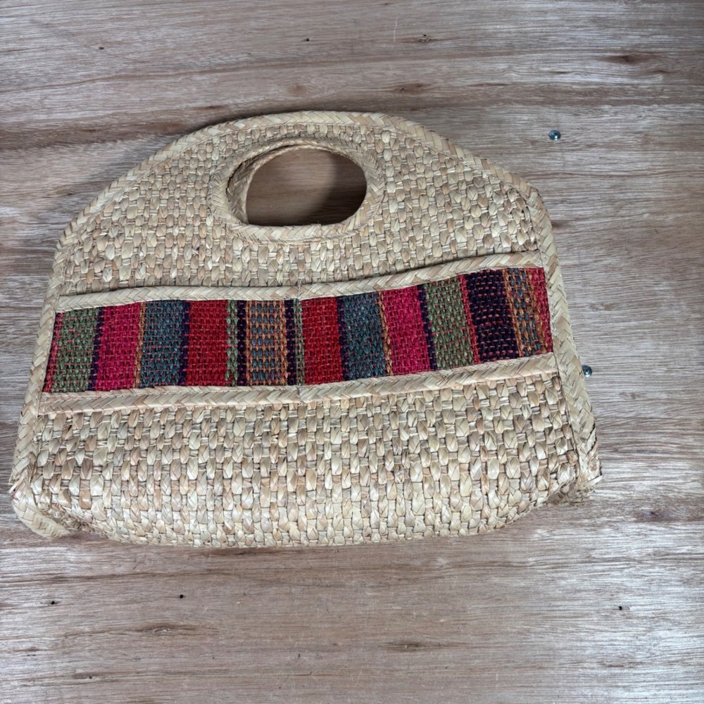 Vintage Woven Straw Tote Bag Multi Color Stripe Boho Summer Handbag Tan